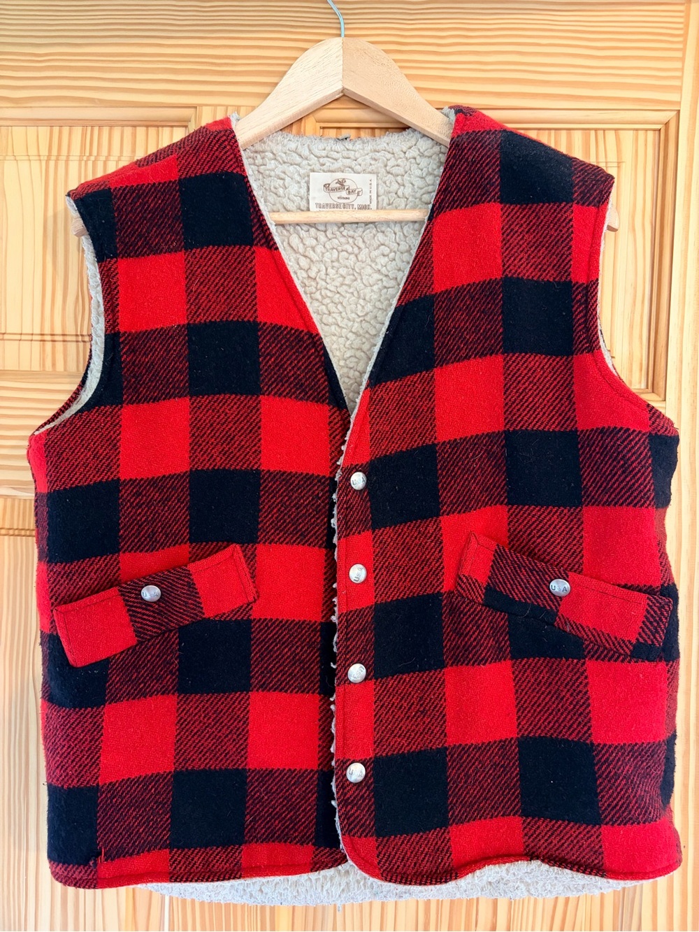 Vintage Buffalo Plaid Made in USA Wool Vest with snap Buttons